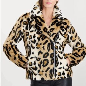 INC International Concept Faux Leopard Ocelot Cheetah Faux Fur Moto Jacket